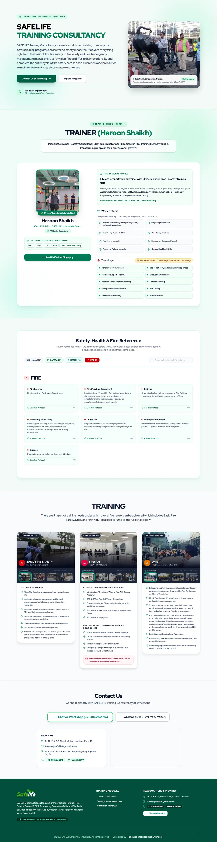Safelife Training Consultancy's website after Renoweb's renovation, showing a modern layout and structured safety-reference sections